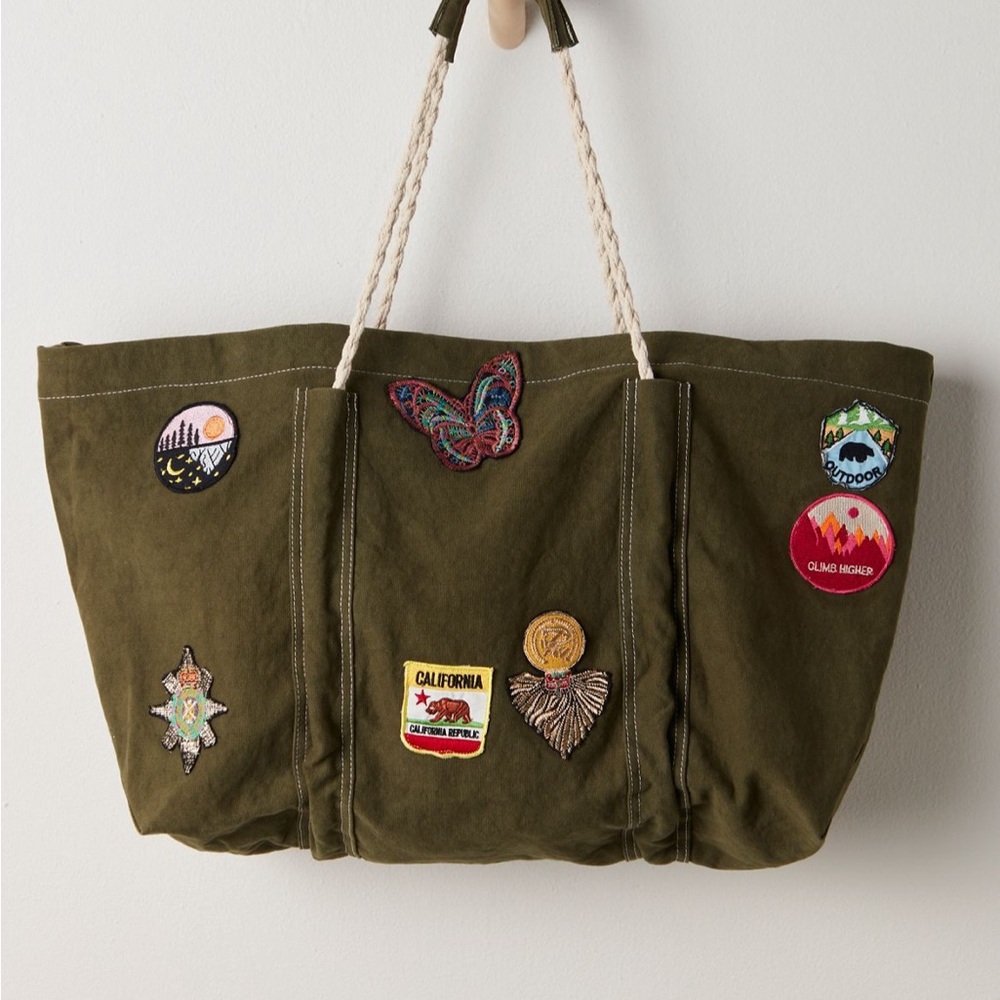 Free People Olive Tote with Colorful Patches